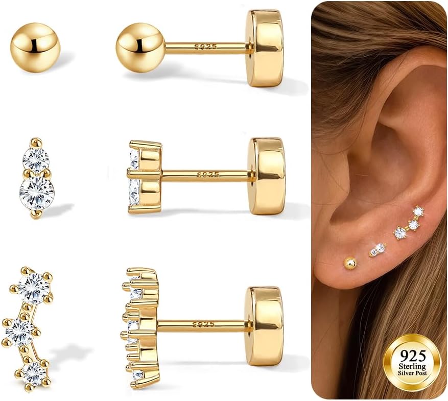 S925 Sterling Silver Flat Back Earrings for Women Hypoallergenic - 14K Gold Plated Flatback Stud Earrings Cartilage Helix Tragus Conch Piercing Jewelry 3 Pairs Dainty CZ Butterfly Studs