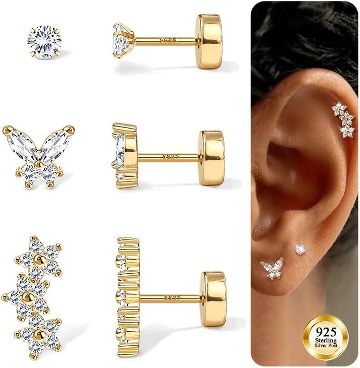 S925 Sterling Silver Flat Back Earrings for Women Hypoallergenic - 14K Gold Plated Flatback Stud Earrings Cartilage Helix Tragus Conch Piercing Jewelry 3 Pairs Dainty CZ Butterfly Studs