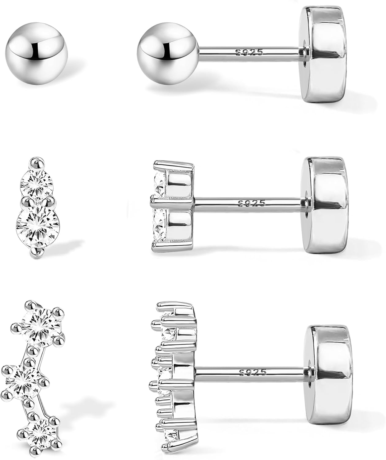 S925 Sterling Silver Flat Back Earrings for Women Hypoallergenic - 14K Gold Plated Flatback Stud Earrings Cartilage Helix Tragus Conch Piercing Jewelry 3 Pairs Dainty CZ Butterfly Studs