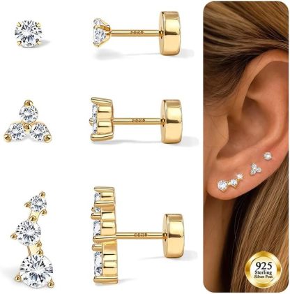 S925 Sterling Silver Flat Back Earrings for Women Hypoallergenic - 14K Gold Plated Flatback Stud Earrings Cartilage Helix Tragus Conch Piercing Jewelry 3 Pairs Dainty CZ Butterfly Studs