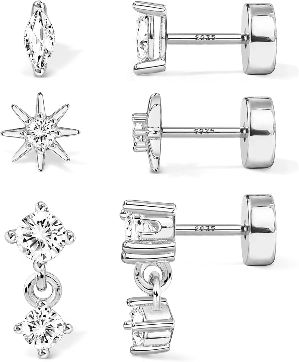 S925 Sterling Silver Flat Back Earrings for Women Hypoallergenic - 14K Gold Plated Flatback Stud Earrings Cartilage Helix Tragus Conch Piercing Jewelry 3 Pairs Dainty CZ Butterfly Studs