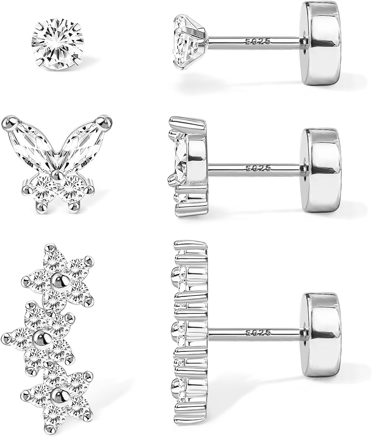 S925 Sterling Silver Flat Back Earrings for Women Hypoallergenic - 14K Gold Plated Flatback Stud Earrings Cartilage Helix Tragus Conch Piercing Jewelry 3 Pairs Dainty CZ Butterfly Studs