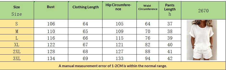 US size chart for Solid-Color T-Shirt & Shorts Two-Piece Set &ndash; bust, waist, and hips measurements in inches