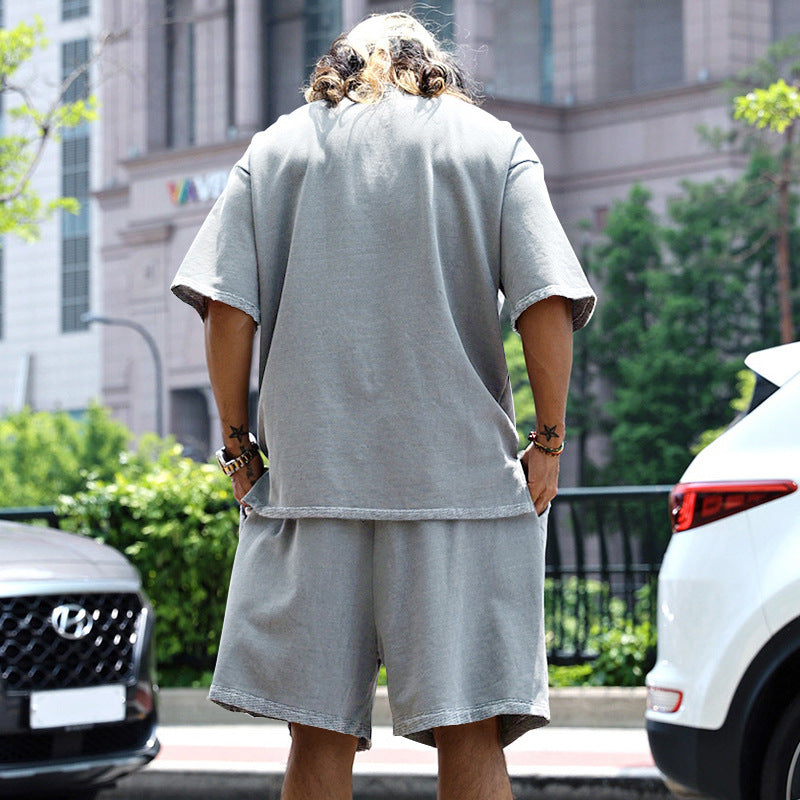 Men Loose Pure Solid Sports Short Sleeve T Shirt Shorts Set Outfit Sportswear