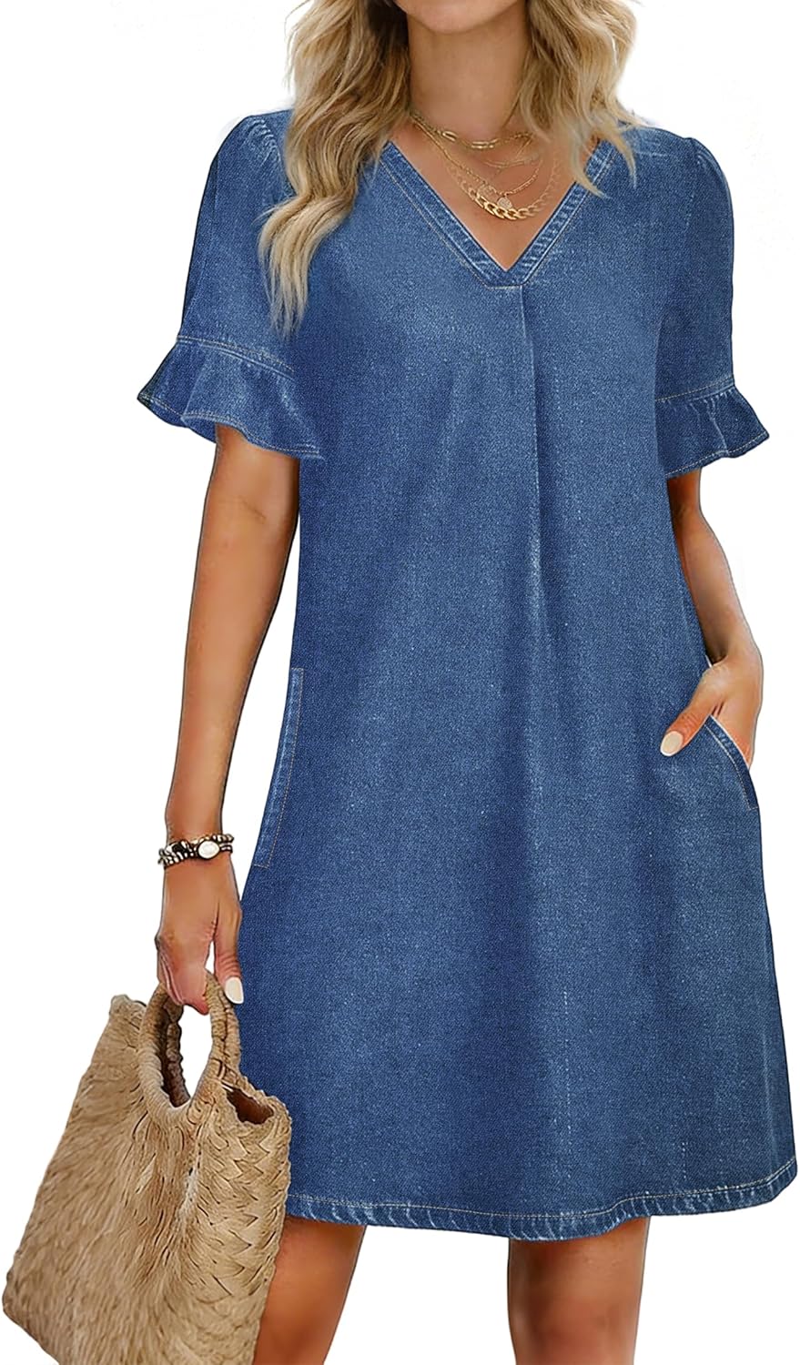 🌷🌷Women's Denim Dress V Neck Ruffle Short Sleeve Babydoll A-Line Jean Mini Dress with Pockets