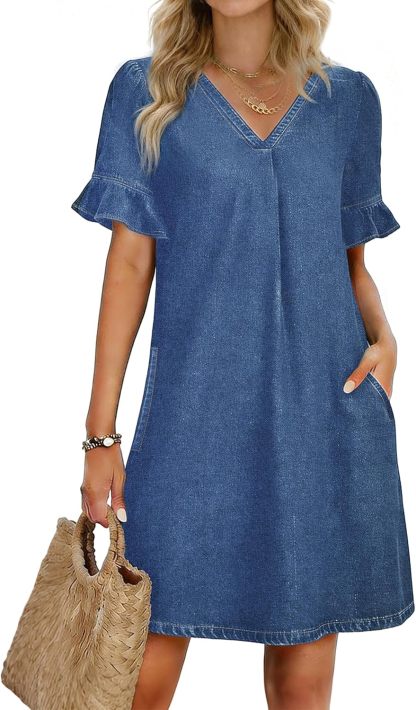 🌷🌷Women's Denim Dress V Neck Ruffle Short Sleeve Babydoll A-Line Jean Mini Dress with Pockets