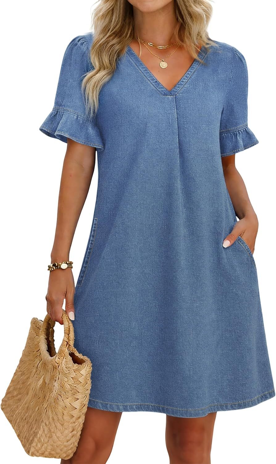 🌷🌷Women's Denim Dress V Neck Ruffle Short Sleeve Babydoll A-Line Jean Mini Dress with Pockets
