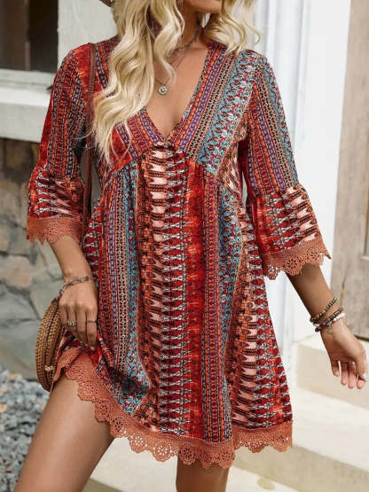 🌷🌷Lace Trim Printed V-Neck 3/4 Sleeve Dress