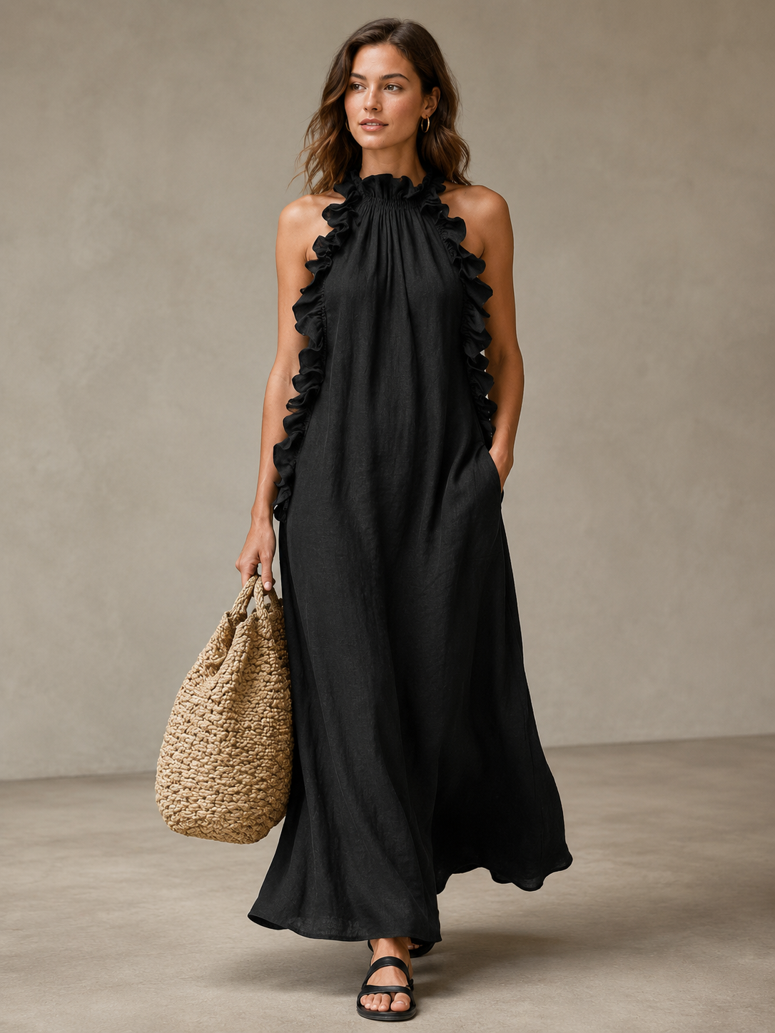 Breezy Halter Neck Ruffle Maxi Dress for Vacation & Summer Days