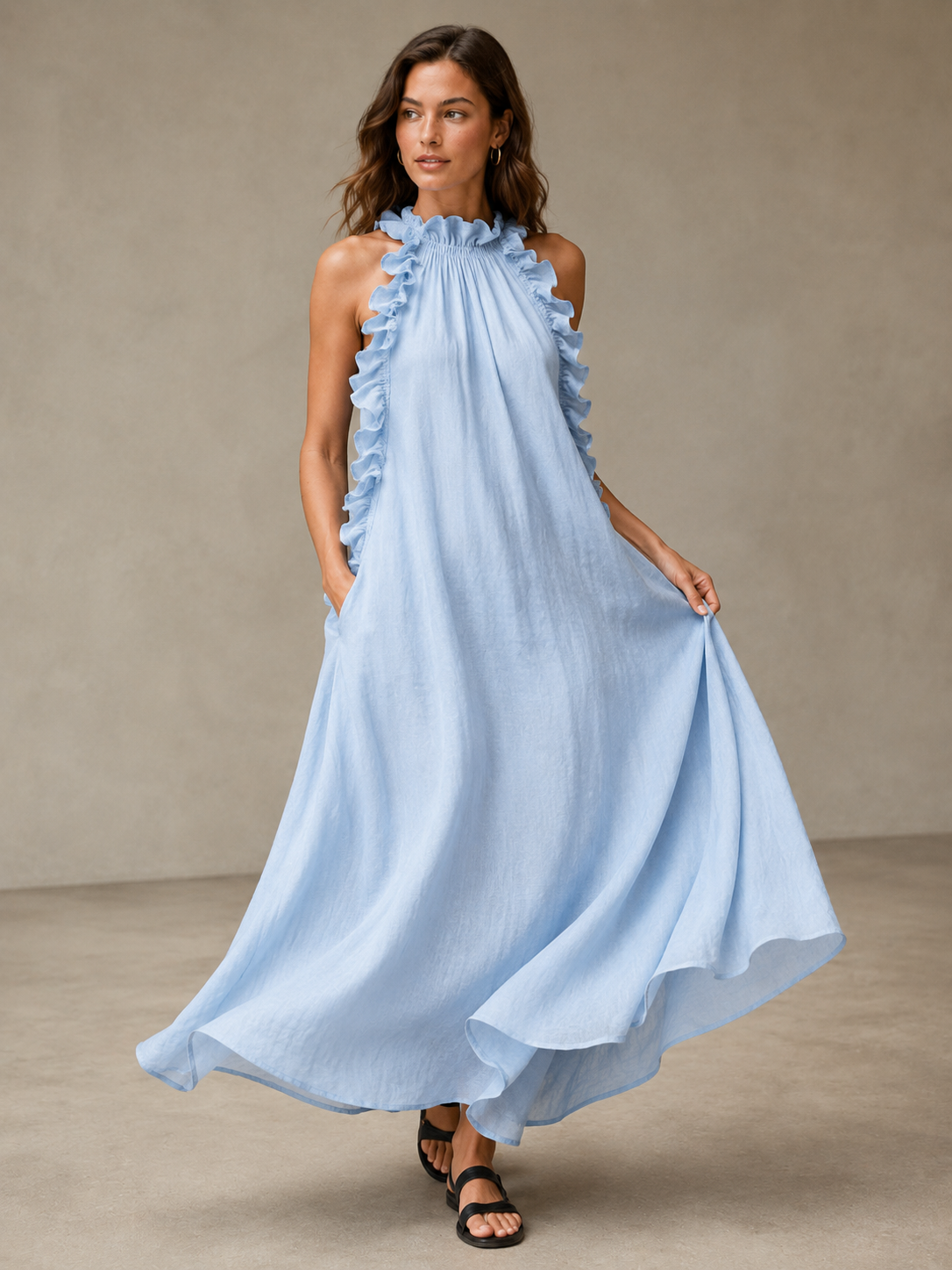 Breezy Halter Neck Ruffle Maxi Dress for Vacation & Summer Days