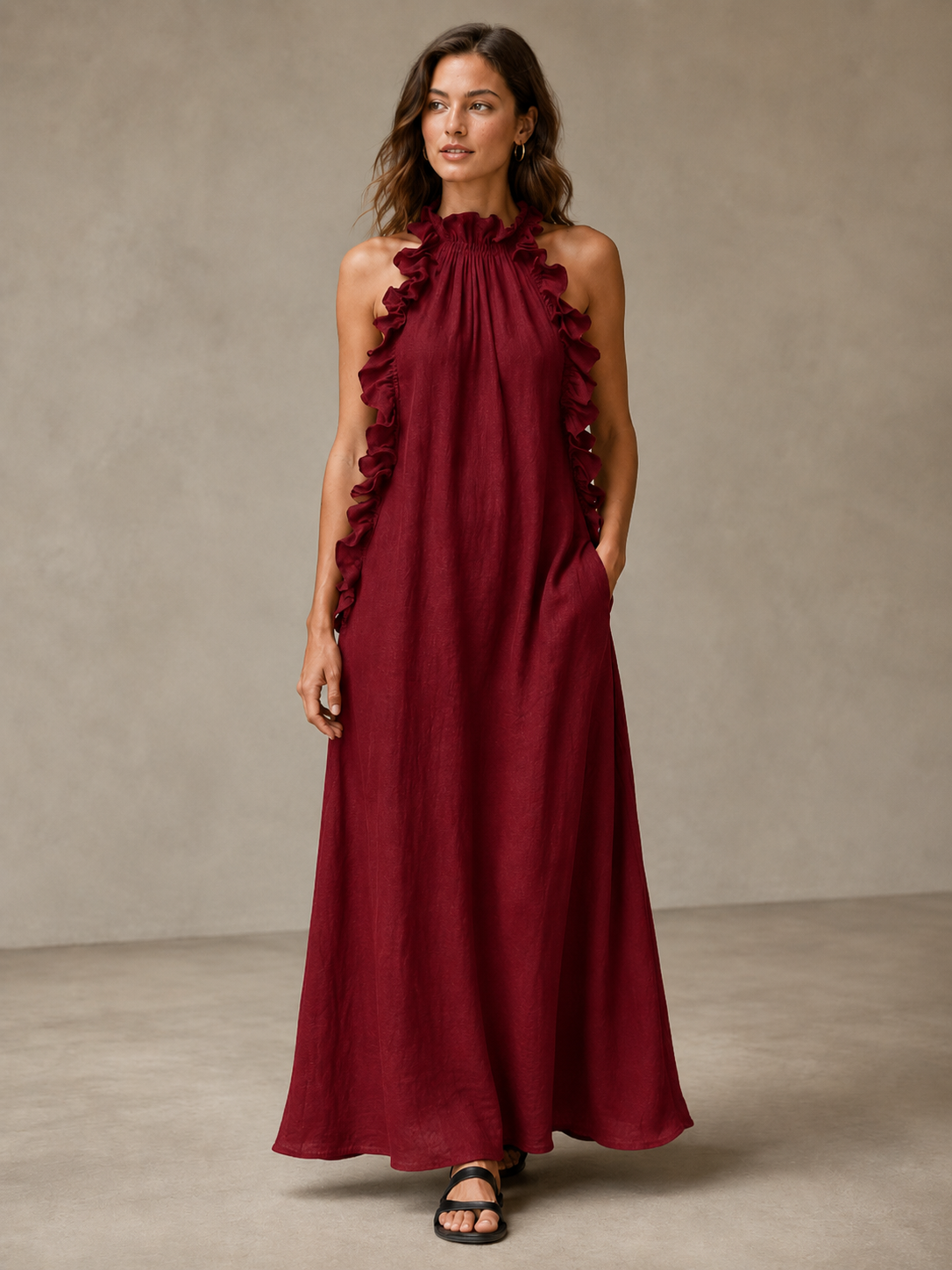 Breezy Halter Neck Ruffle Maxi Dress for Vacation & Summer Days