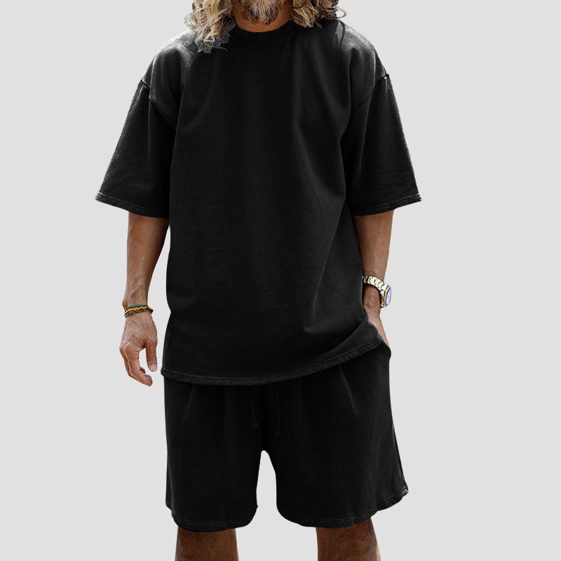 Men Loose Pure Solid Sports Short Sleeve T Shirt Shorts Set Outfit Sportswear