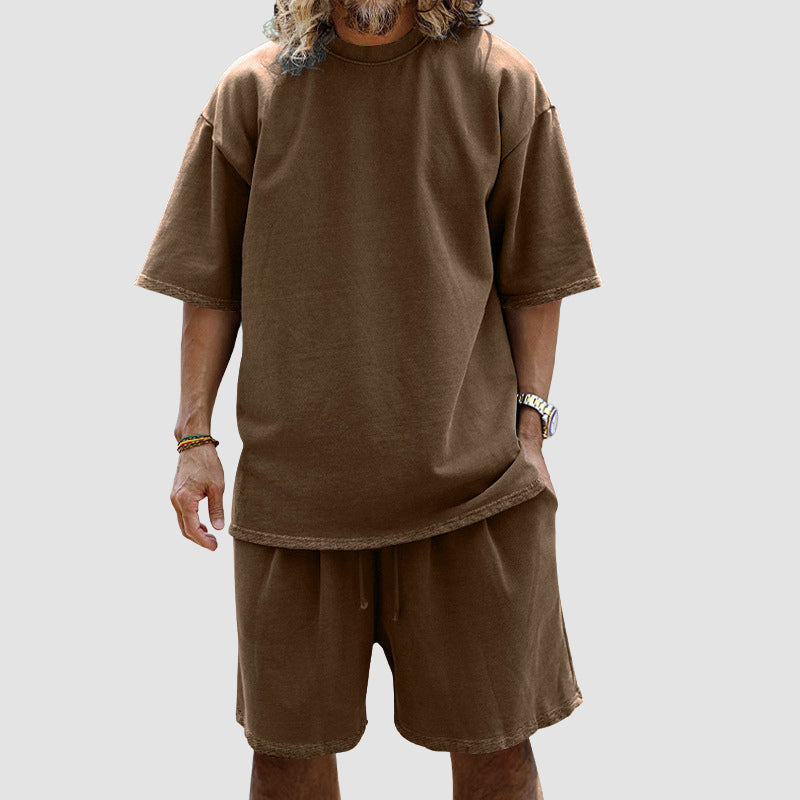 Men Loose Pure Solid Sports Short Sleeve T Shirt Shorts Set Outfit Sportswear