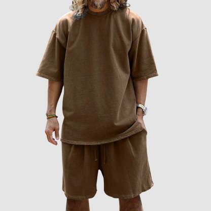 Men Loose Pure Solid Sports Short Sleeve T Shirt Shorts Set Outfit Sportswear