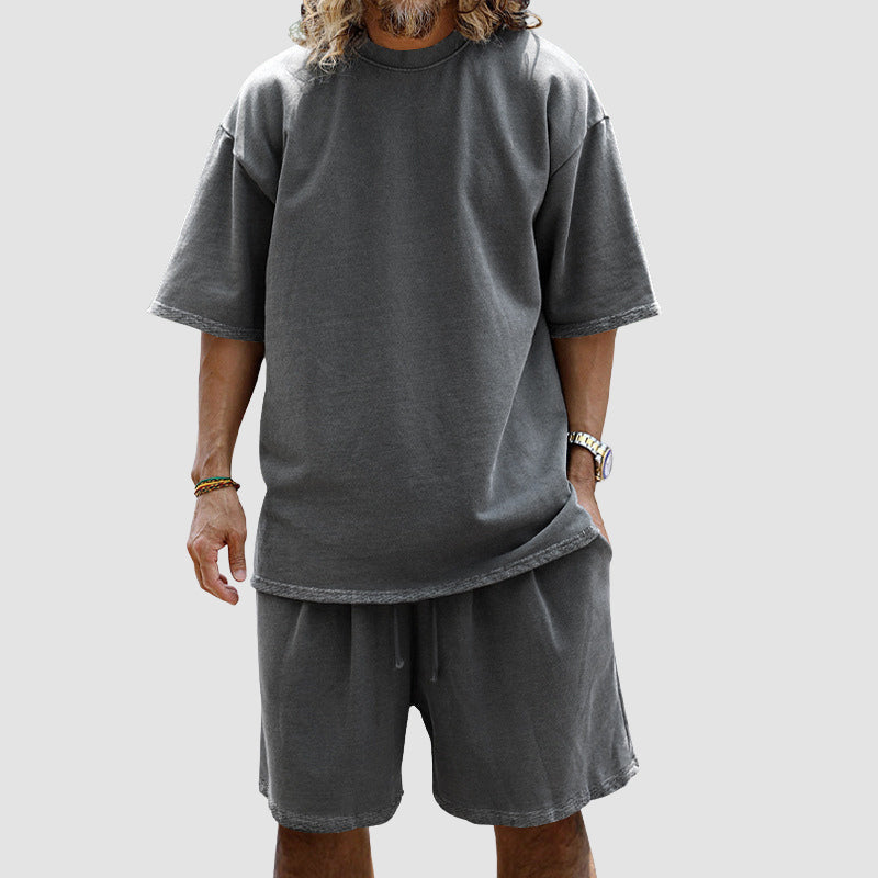 Men Loose Pure Solid Sports Short Sleeve T Shirt Shorts Set Outfit Sportswear