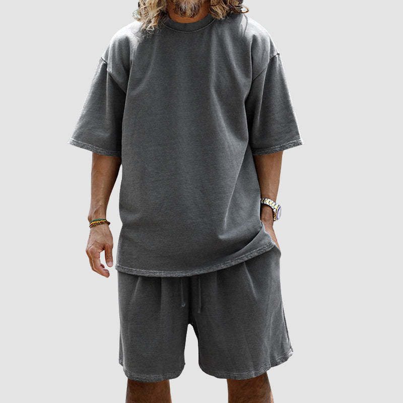 Men Loose Pure Solid Sports Short Sleeve T Shirt Shorts Set Outfit Sportswear