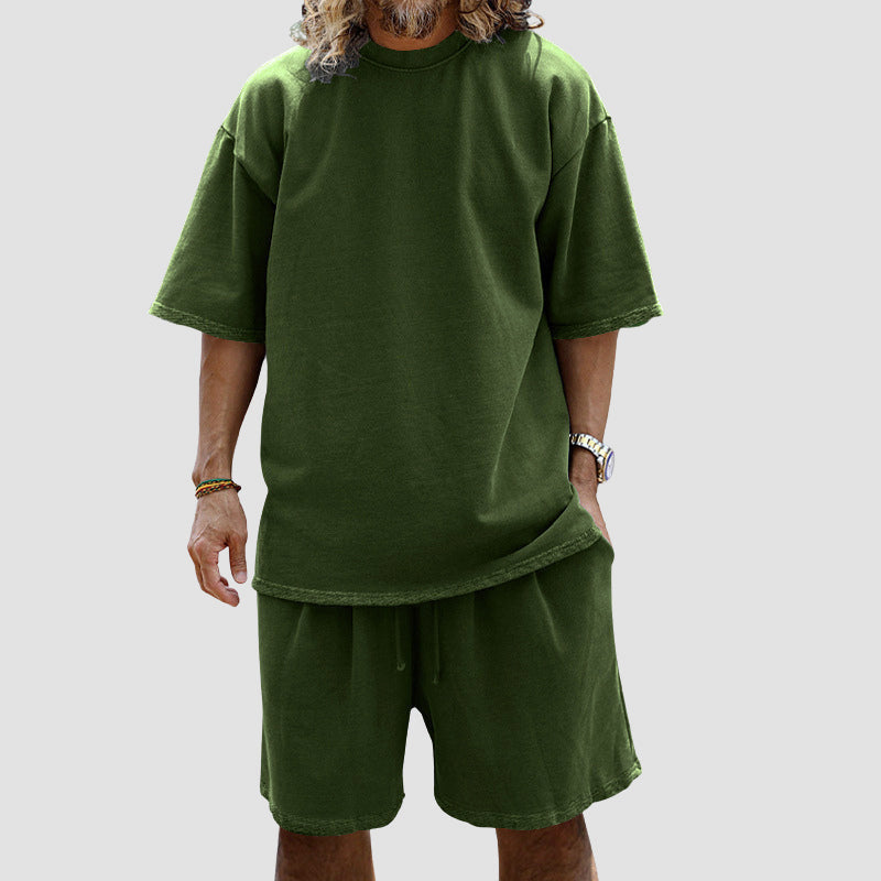 Men Loose Pure Solid Sports Short Sleeve T Shirt Shorts Set Outfit Sportswear
