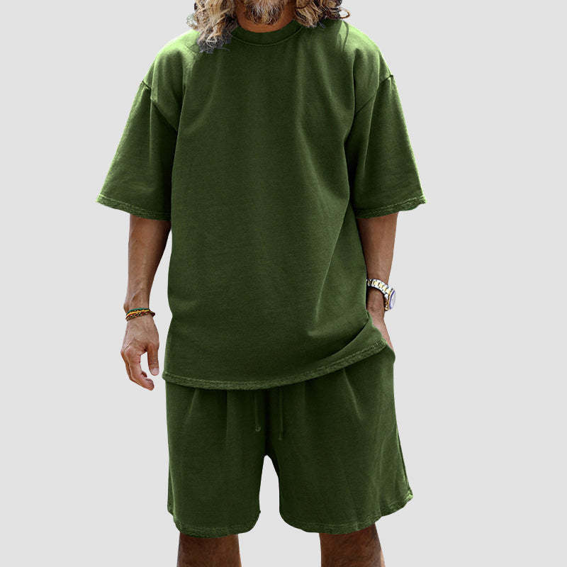 Men Loose Pure Solid Sports Short Sleeve T Shirt Shorts Set Outfit Sportswear