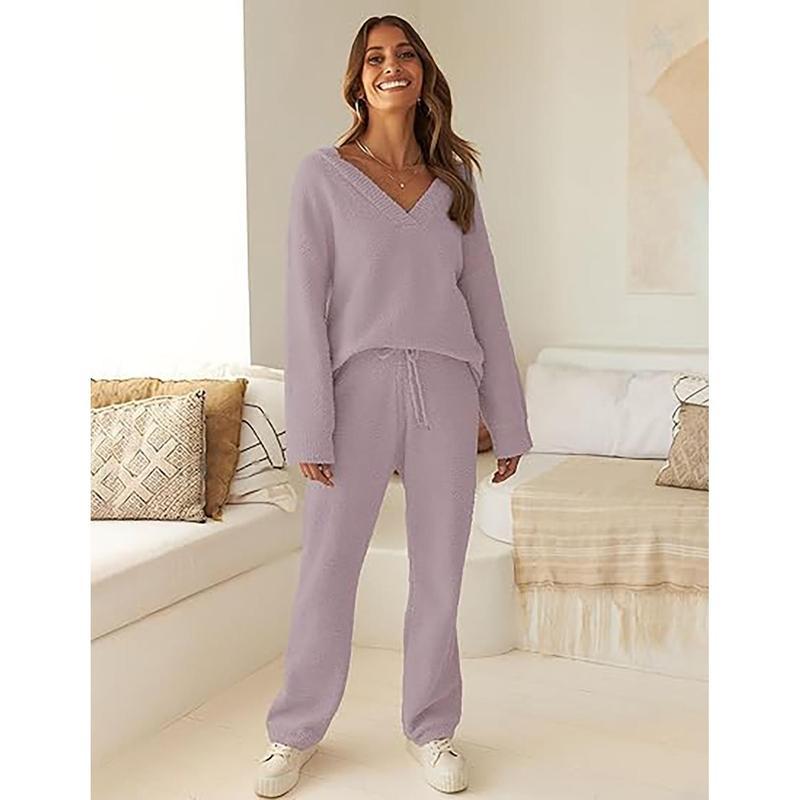 MEROKEETY Women's Lounge Sets 2025 Fall Fashion 2 Piece Outfits Sweater Pajama Set Fuzzy Loungewear Matching Winter Clothes