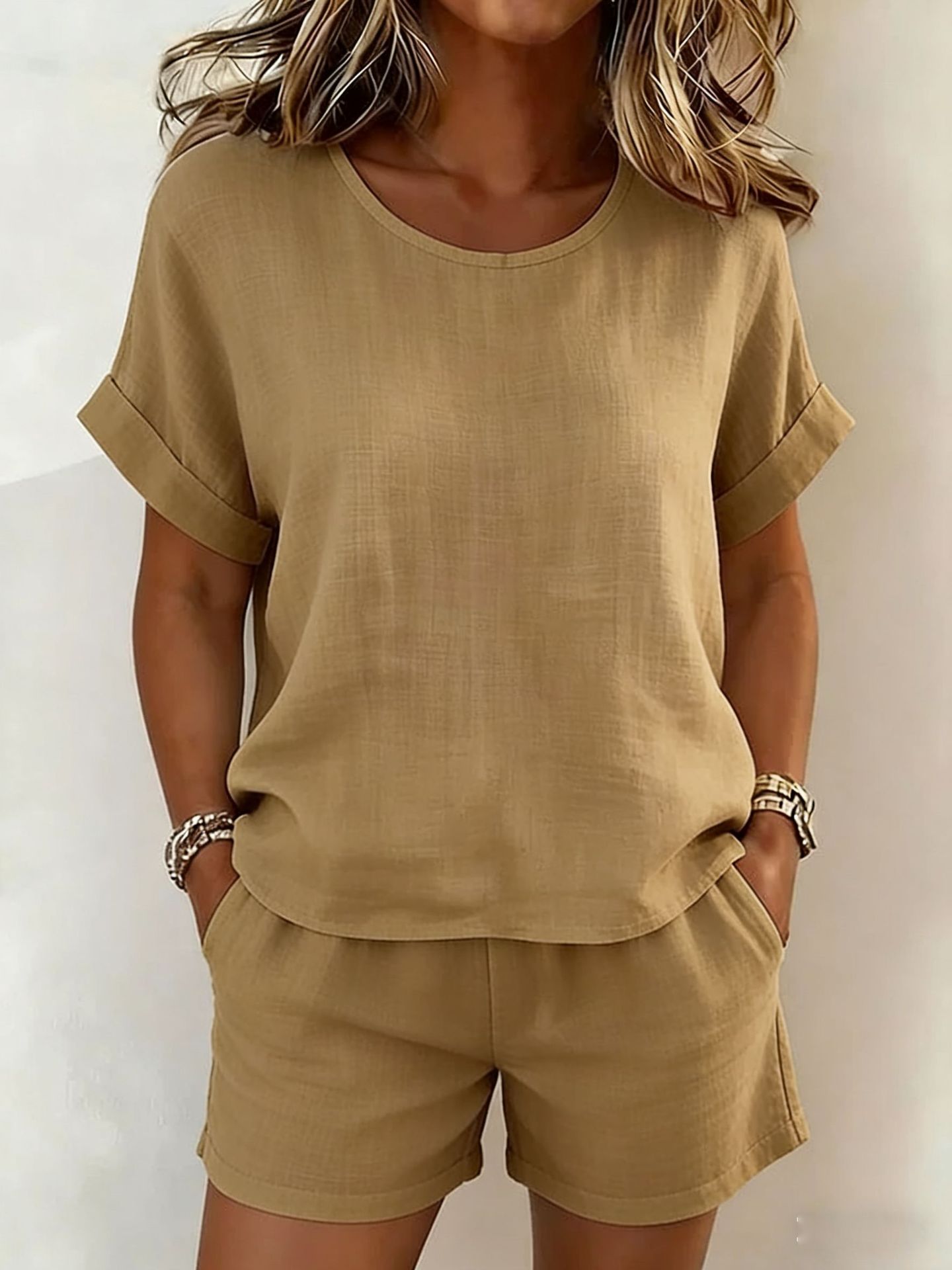 Solid-Color T-Shirt & Shorts Set in Khaki &ndash; earthy summer style