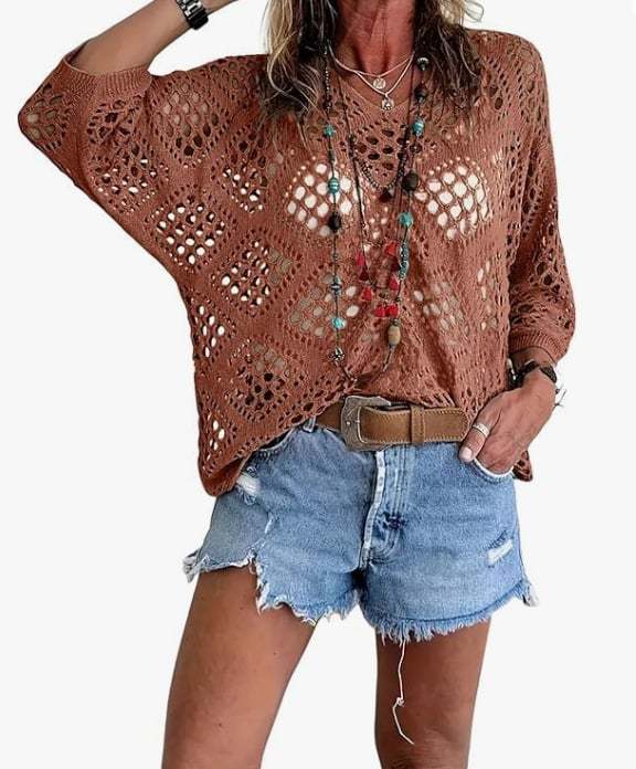 Limited time sale🔥Womens Bohemian-Inspired Beige Crochet Top with V-Neck