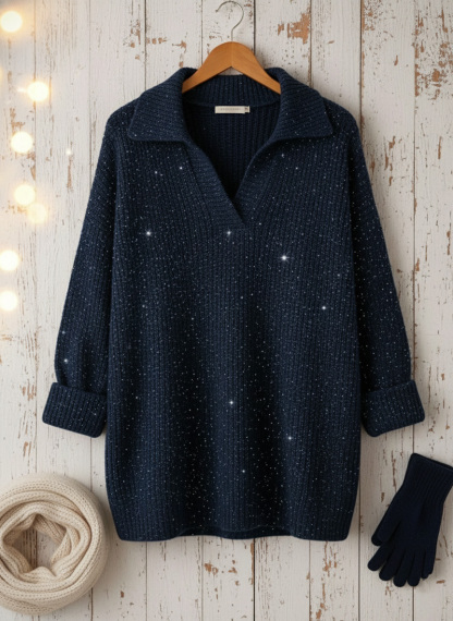 🎄 New Arrivals🔥 Christmas Party Polo Collar Shiny Loose Sweater Top