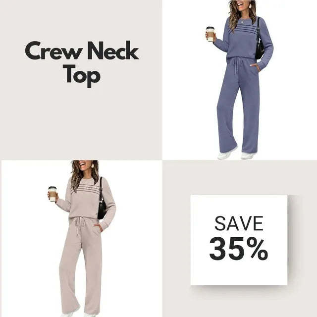 🔥LAST DAY 45% OFF✨Women’s Crew Neck Lounge Set - Soft Cotton Top & Drawstring Pants 