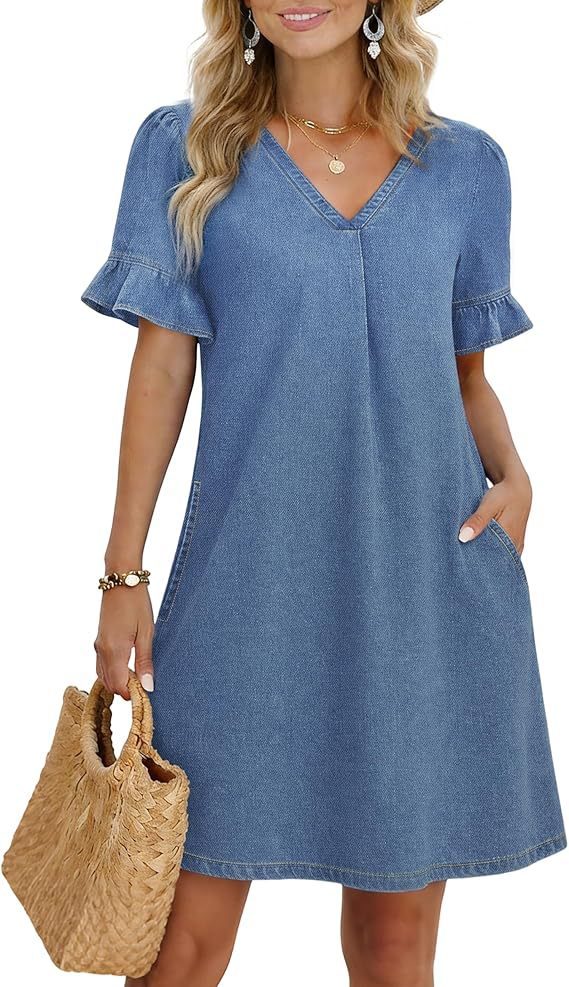 🌷🌷Women's Denim Dress V Neck Ruffle Short Sleeve Babydoll A-Line Jean Mini Dress with Pockets