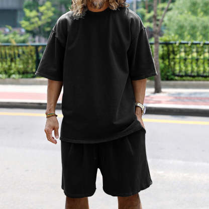 Men Loose Pure Solid Sports Short Sleeve T Shirt Shorts Set Outfit Sportswear