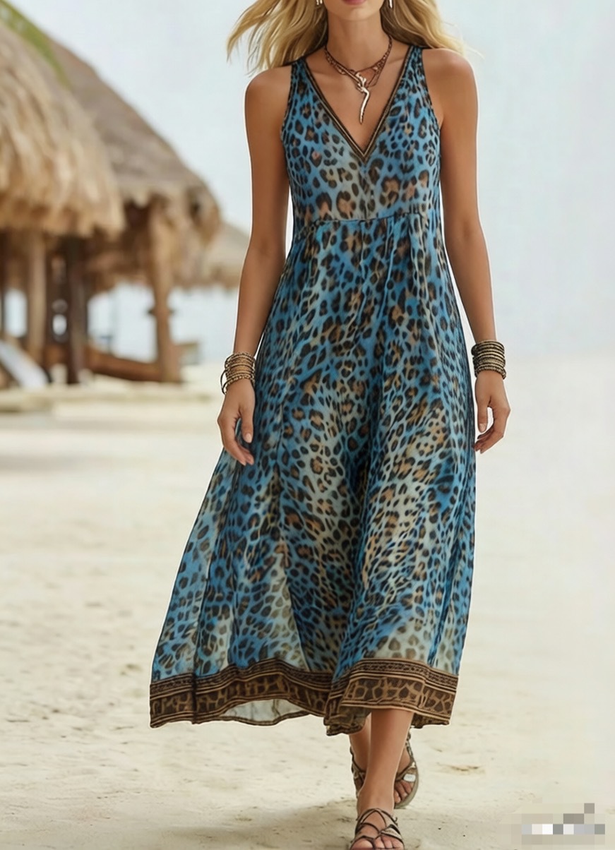 [Copy]🔥Women's Retro Casual Green Leopard Print Art Hooded Midi Dress