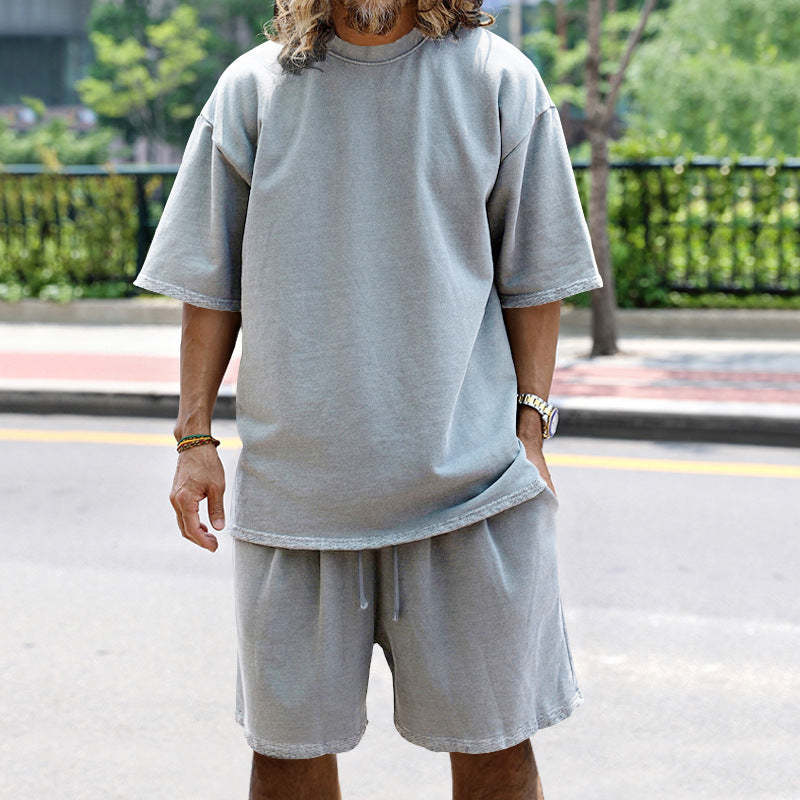 Men Loose Pure Solid Sports Short Sleeve T Shirt Shorts Set Outfit Sportswear