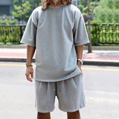 Men Loose Pure Solid Sports Short Sleeve T Shirt Shorts Set Outfit Sportswear