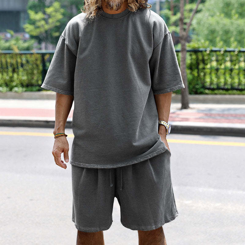 Men Loose Pure Solid Sports Short Sleeve T Shirt Shorts Set Outfit Sportswear
