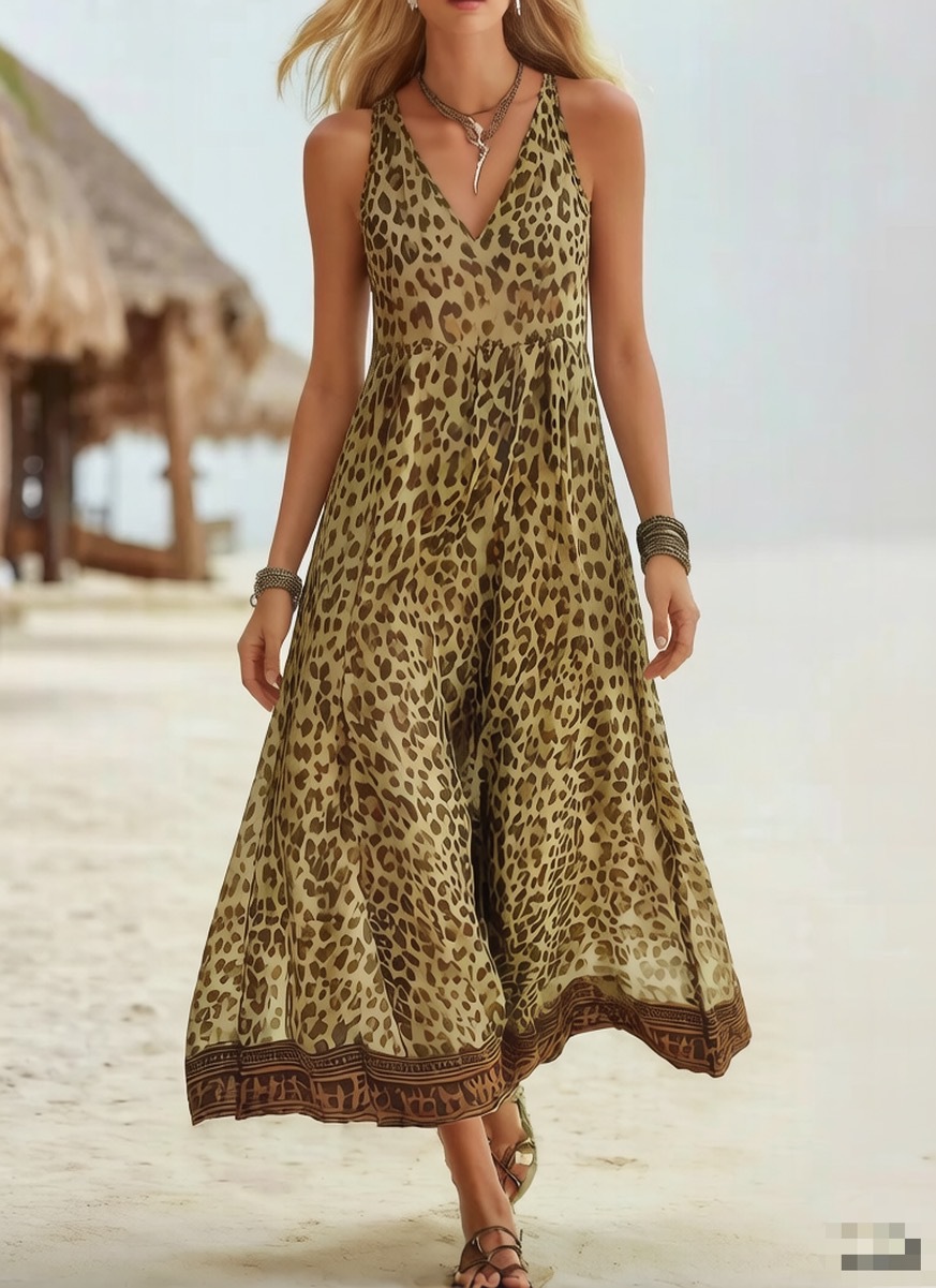 [Copy]🔥Women's Retro Casual Green Leopard Print Art Hooded Midi Dress