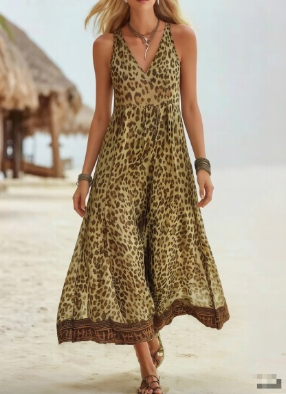 [Copy]🔥Women's Retro Casual Green Leopard Print Art Hooded Midi Dress