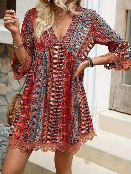 🌷🌷Lace Trim Printed V-Neck 3/4 Sleeve Dress