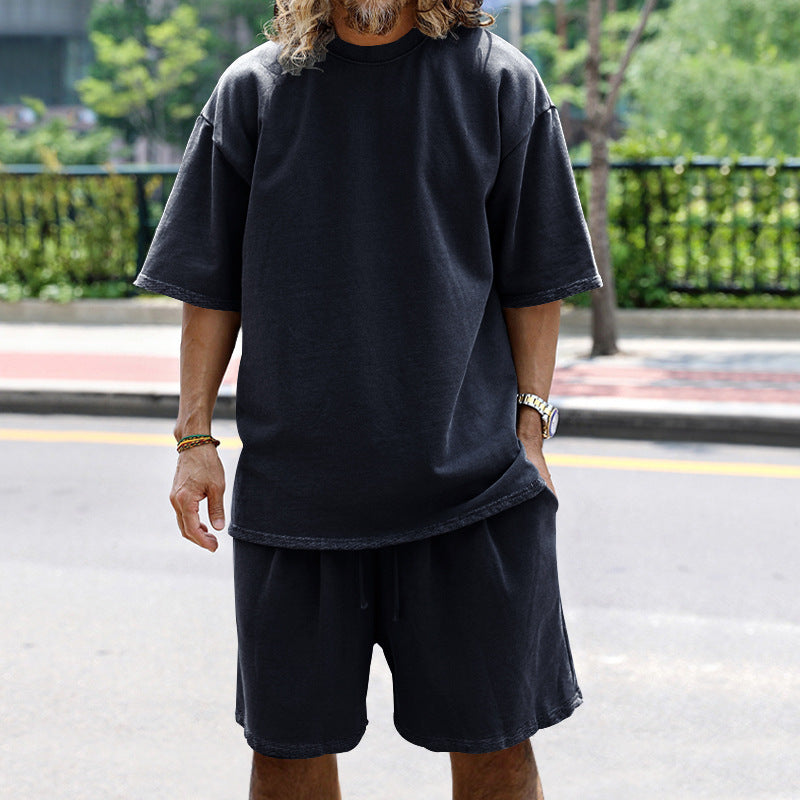 Men Loose Pure Solid Sports Short Sleeve T Shirt Shorts Set Outfit Sportswear
