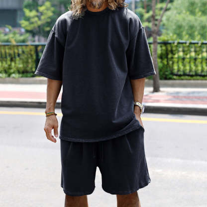 Men Loose Pure Solid Sports Short Sleeve T Shirt Shorts Set Outfit Sportswear