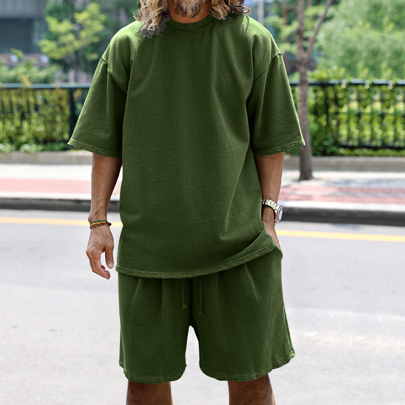Men Loose Pure Solid Sports Short Sleeve T Shirt Shorts Set Outfit Sportswear