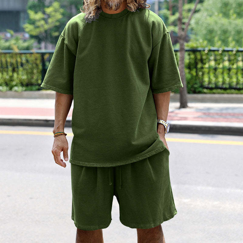 Men Loose Pure Solid Sports Short Sleeve T Shirt Shorts Set Outfit Sportswear