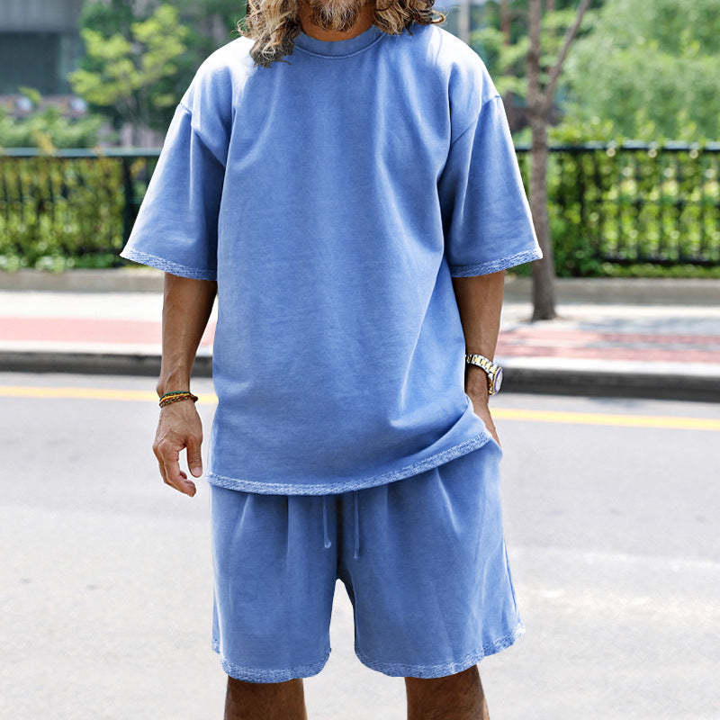 Men Loose Pure Solid Sports Short Sleeve T Shirt Shorts Set Outfit Sportswear