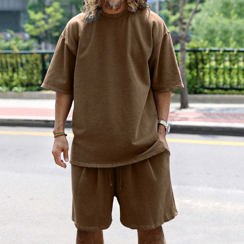 Men Loose Pure Solid Sports Short Sleeve T Shirt Shorts Set Outfit Sportswear
