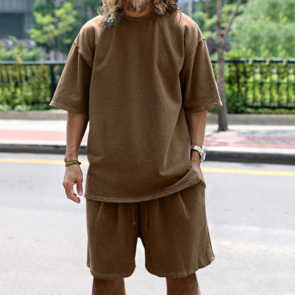 Men Loose Pure Solid Sports Short Sleeve T Shirt Shorts Set Outfit Sportswear