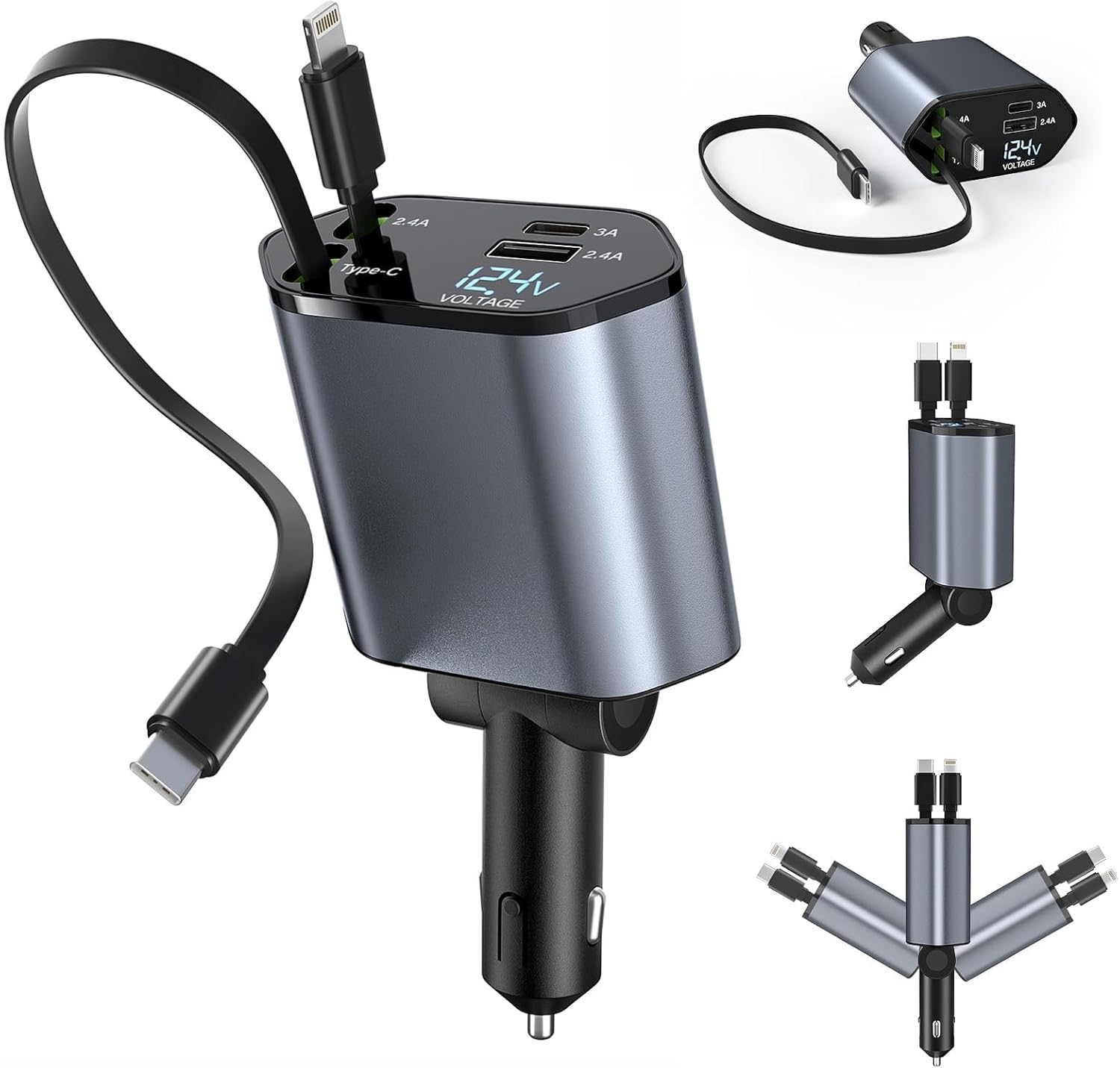 🔥New Year🏆Flash Sale⚡50K+ SOLD!4-in-1 Retractable Fast Car Charger Apple + USB Type C