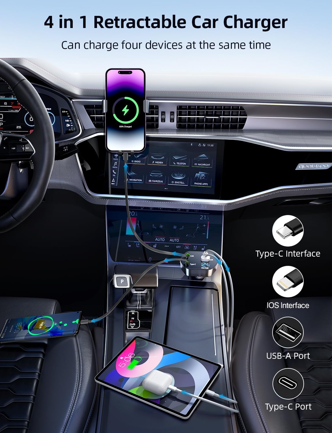 🔥New Year🏆Flash Sale⚡50K+ SOLD!4-in-1 Retractable Fast Car Charger Apple + USB Type C