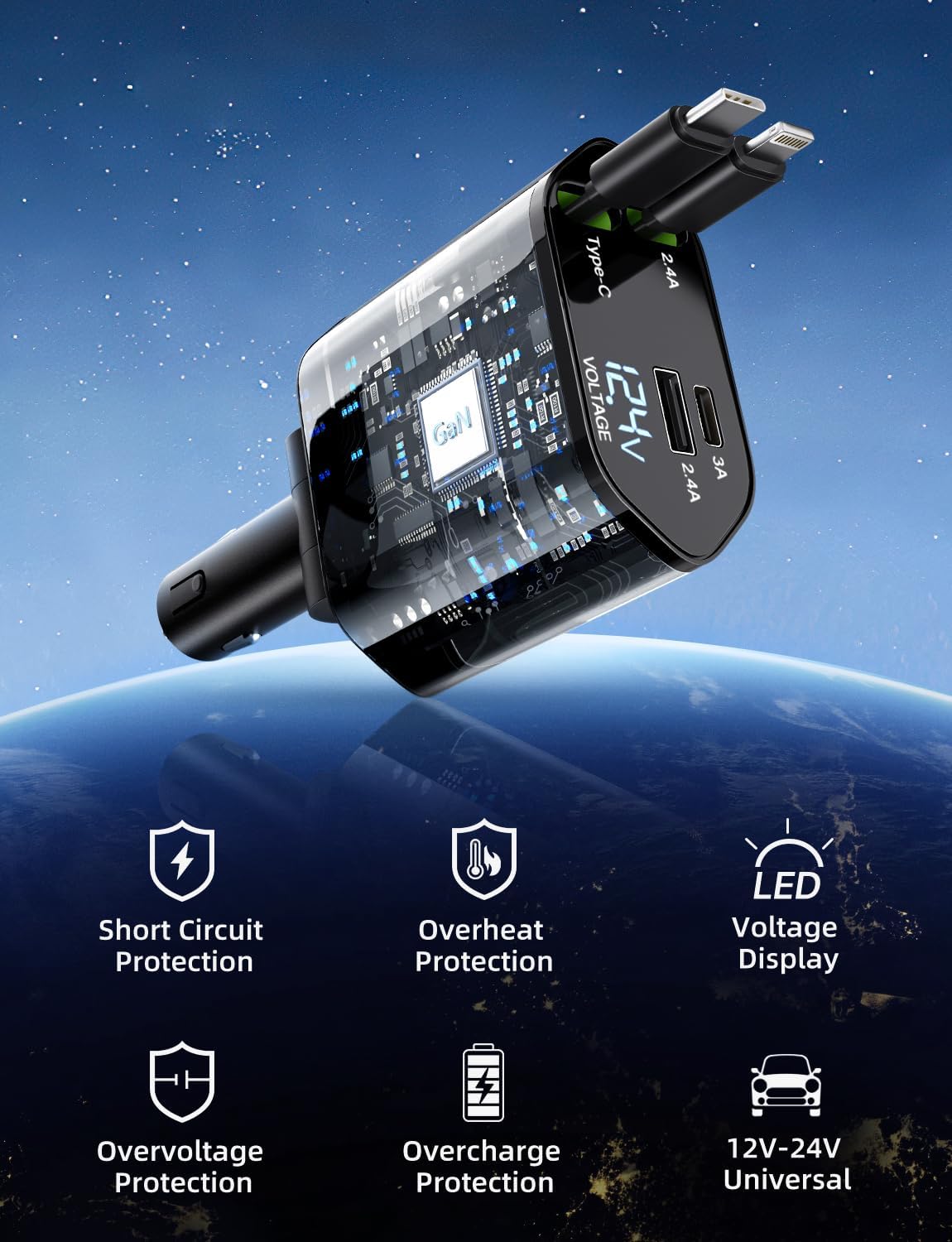 🔥New Year🏆Flash Sale⚡50K+ SOLD!4-in-1 Retractable Fast Car Charger Apple + USB Type C