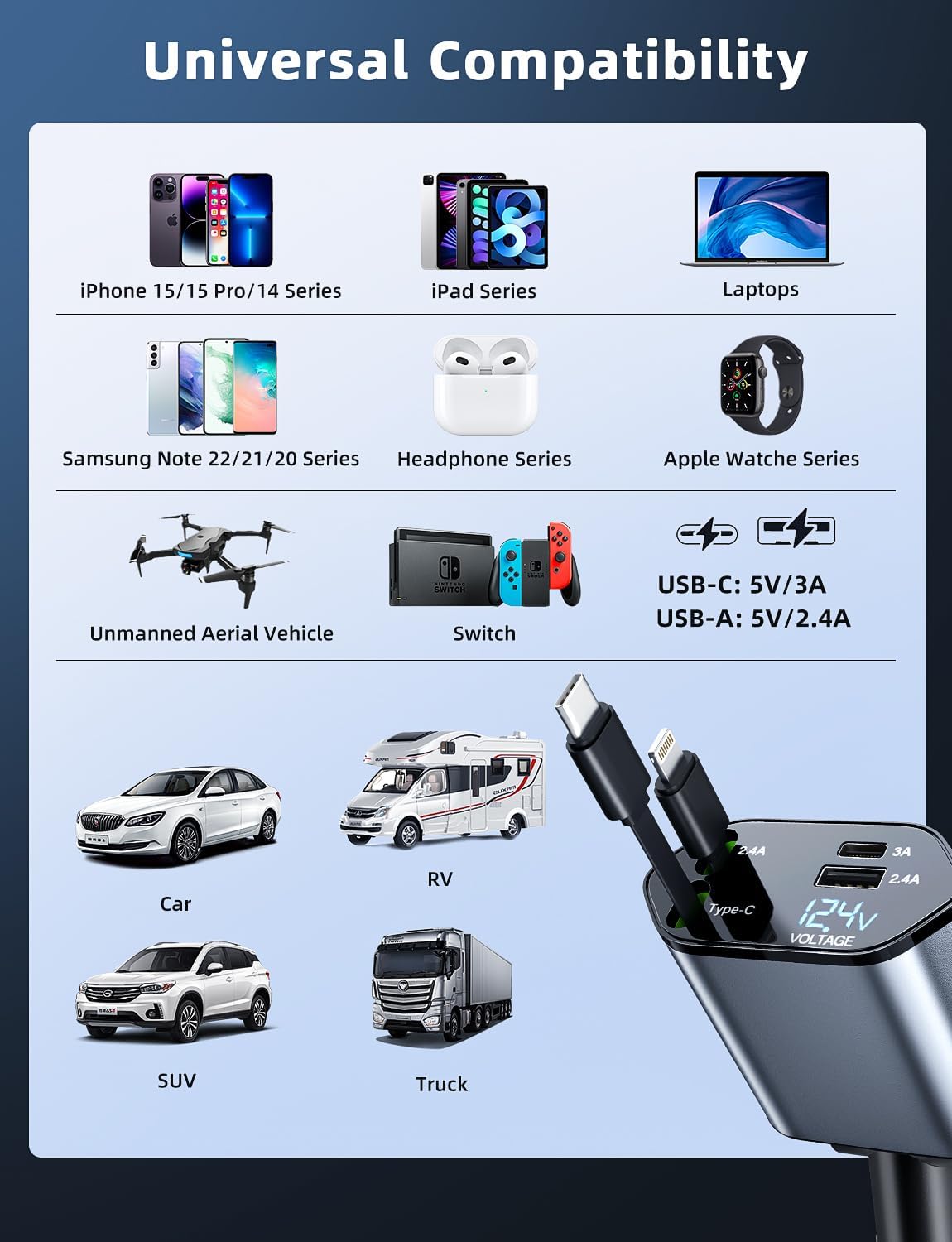 🔥New Year🏆Flash Sale⚡50K+ SOLD!4-in-1 Retractable Fast Car Charger Apple + USB Type C