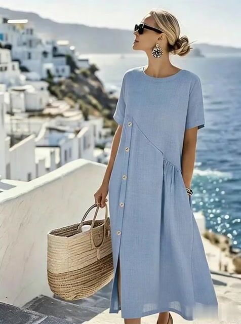 Women'S Casual Solid Color Button-Down Dress