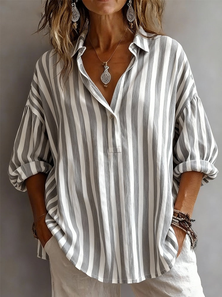 Casual Classic Striped Cotton Linen Blouse