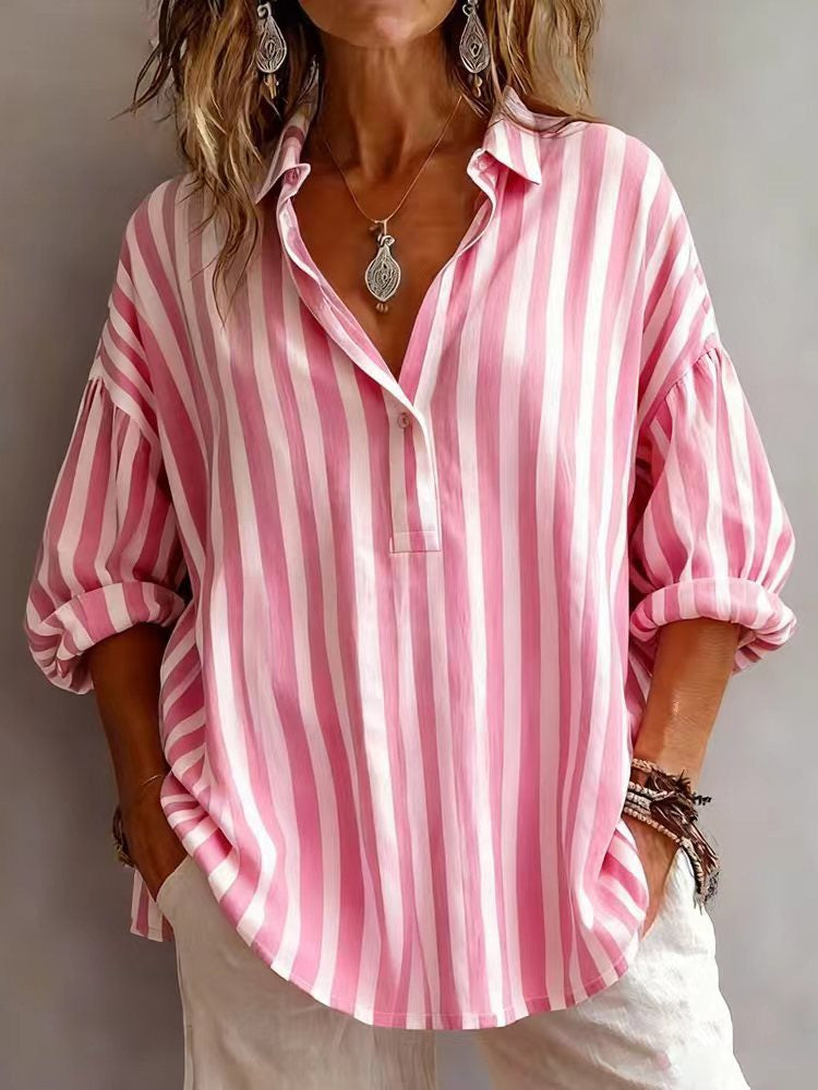 Casual Classic Striped Cotton Linen Blouse
